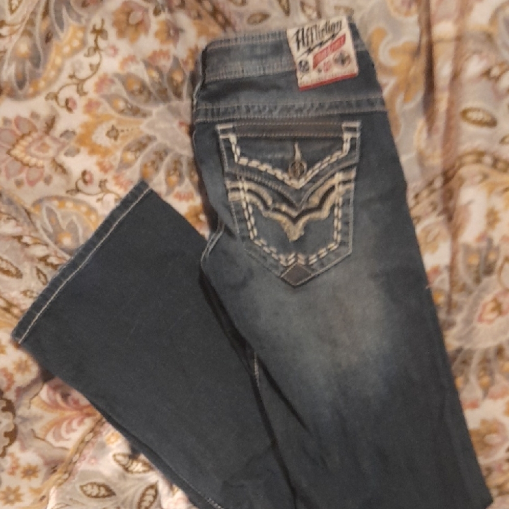 Affliction Ladies Blue Denim Jeans Size 28 Flare Pocket Design